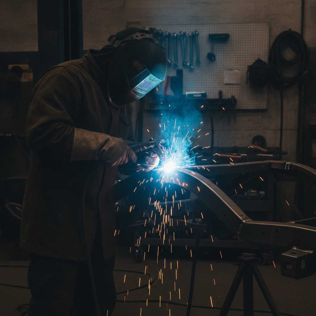 Welder performing MIG welding on a metal vehicle frame in an auto repair shop